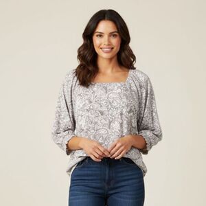 J. Jill Paisley Blouse Top Cotton Tencel Modal Cream Gray Purple Office Women L